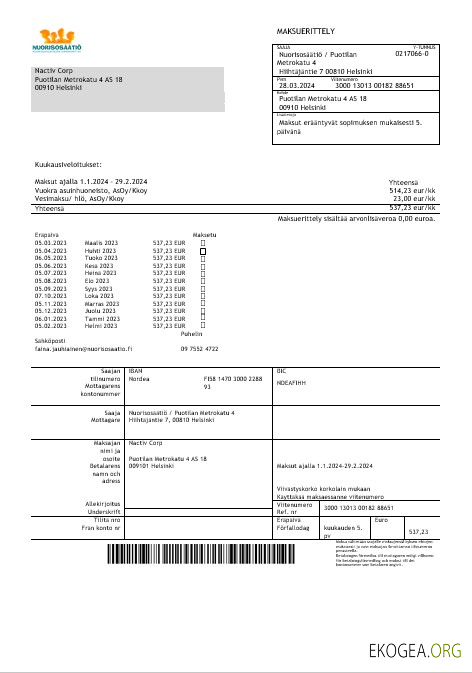 Modèle de facture commerciale de la Fondation finlandaise Nuorisosäätiö pour la jeunesse au format Word1